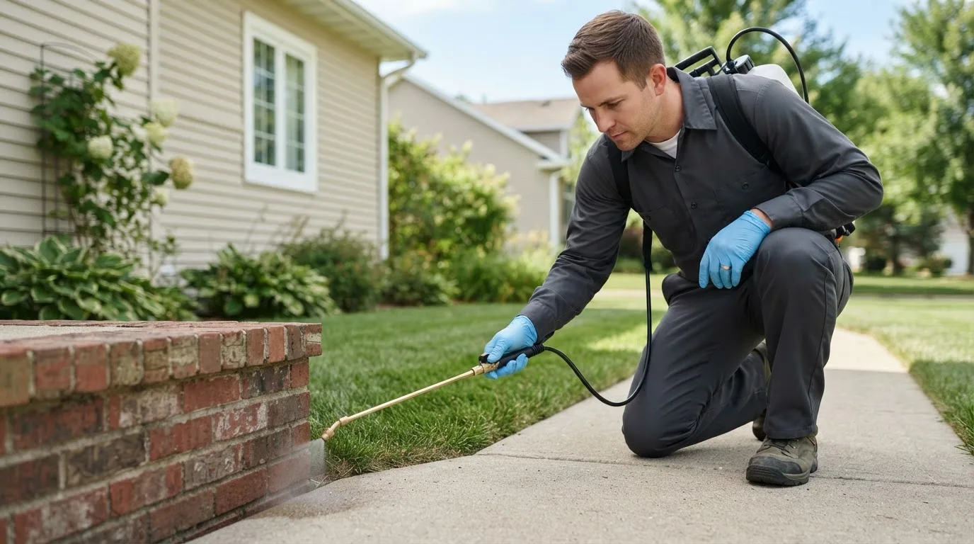 Pest control technician treating a home near Hancock, WI